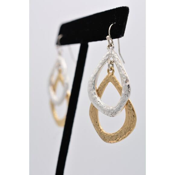 Liz Claiborne Vintage Dangle Earrings Silver Gold Tone Pebbled Shiny 1990s BinU - Picture 2 of 12